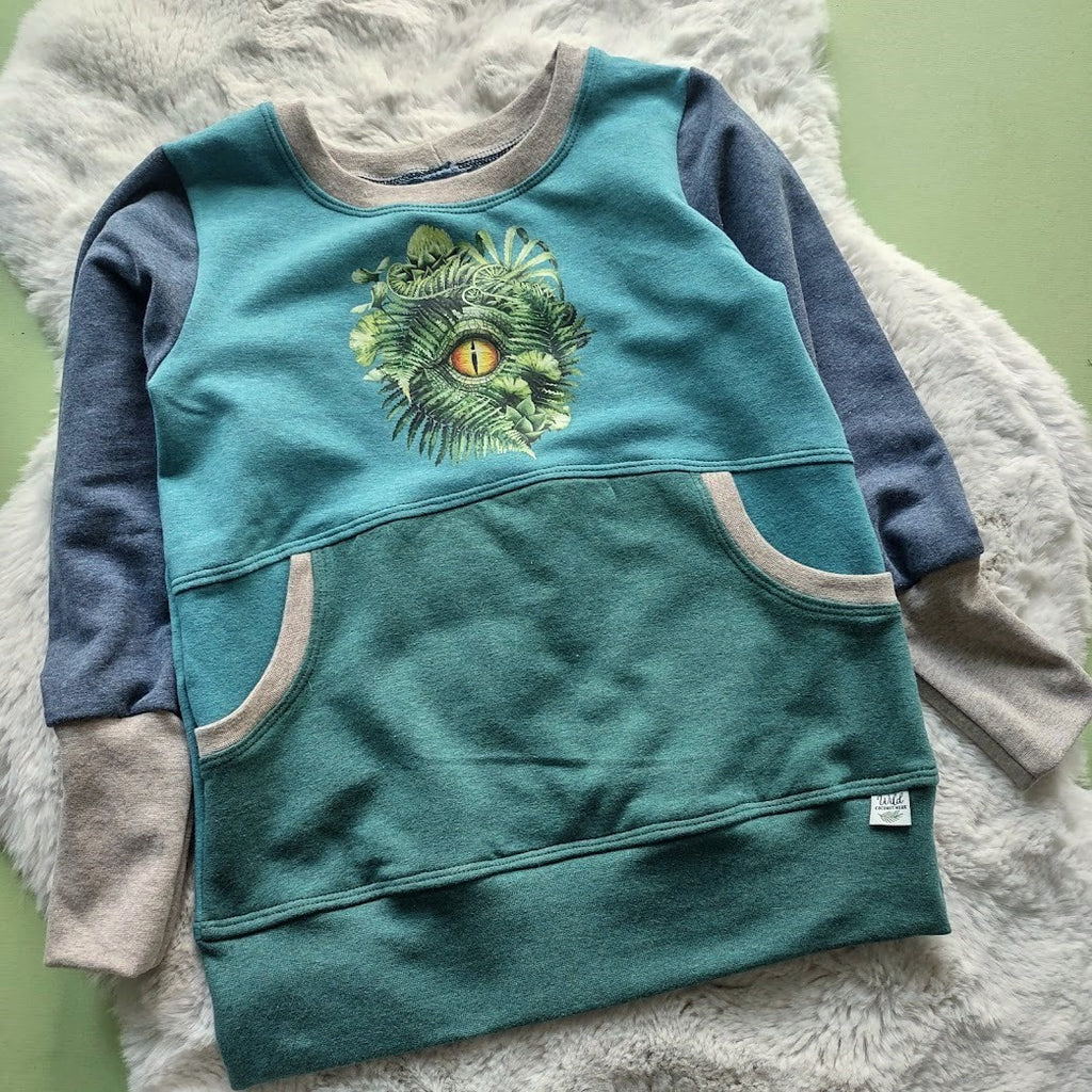 Cotton FLEECE Crew Neck Pullover- Dino Eye - Size 6-9 Grow With Me