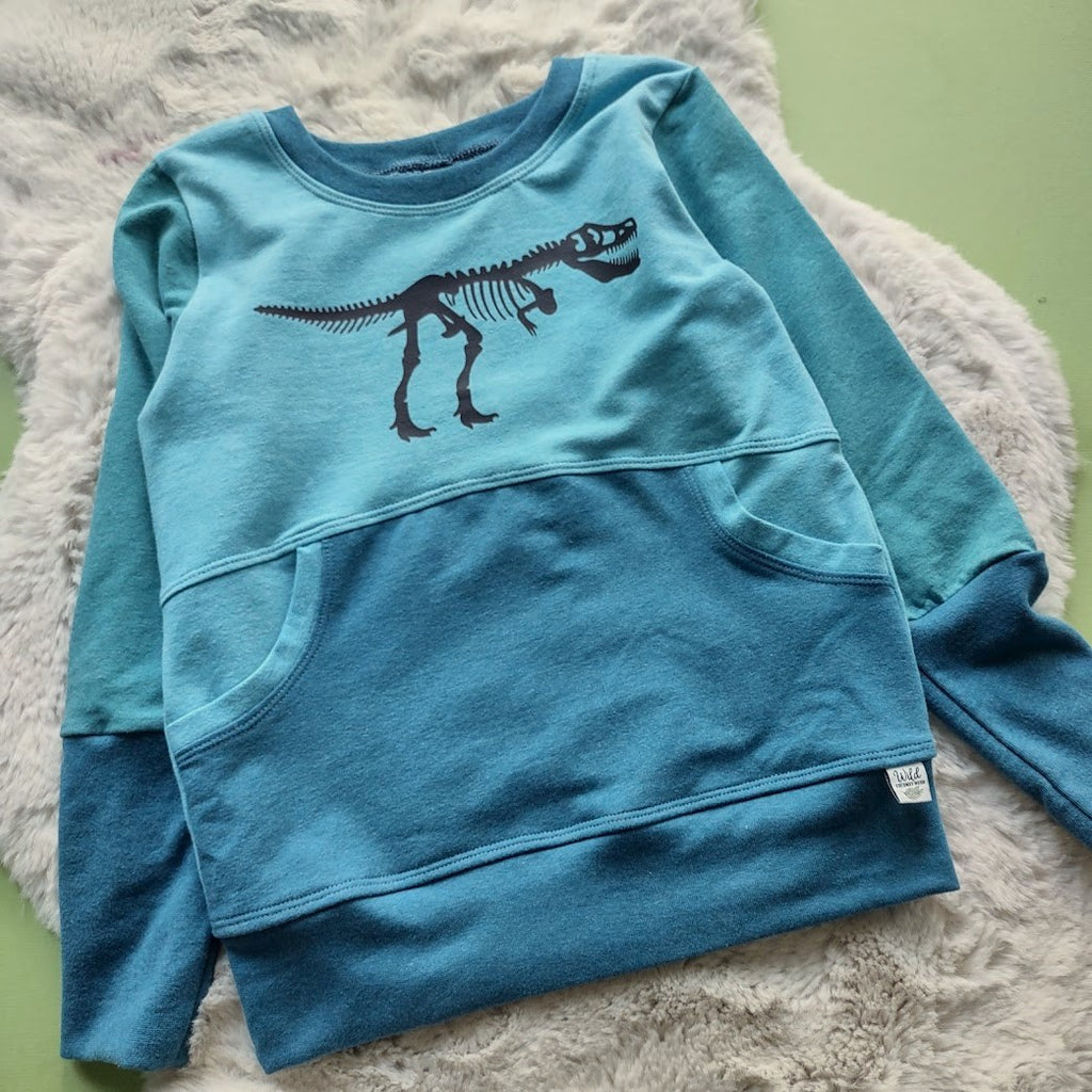 Cotton French Terry Crew Neck Pullover- Dino Skeleton - Size 6-9 Grow With Me