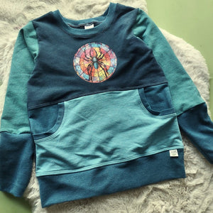 Cotton French Terry Crew Neck Pullover- Stained Glass Spider - Size 6-9 Grow With Me